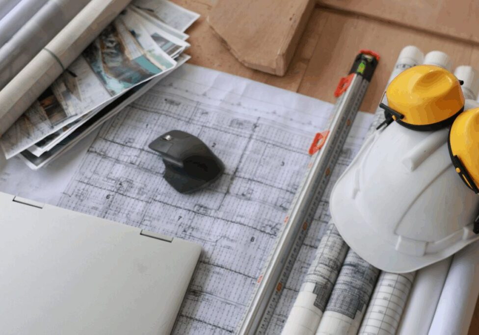 Work desk with architectural plans, a mouse, and a hard hat.